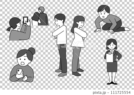Simple illustration set of divorce, disputes, infidelity, and cheating between men and women Simple illustration set of divorce, disputes, infidelity, and cheating between men and women 111725554