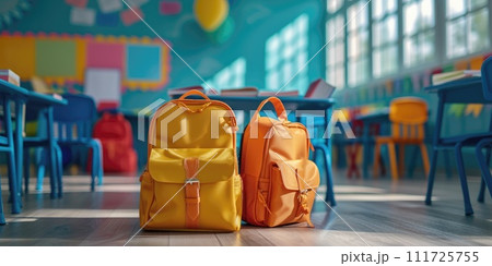 AI-generated content. School bag in a room of school. photo for advertising. Generative AI 111725755