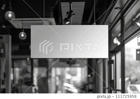 AI-generated content. Mockup Hanging banner with store background. Advertising concept. Generative AI 111725958