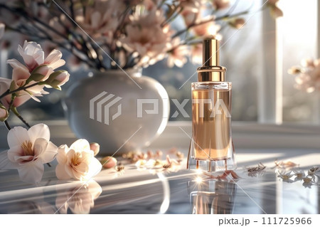 AI-generated content. Serum glass bottle and skincare. cosmetic concept. Generative AI AI-generated content. Serum glass bottle and skincare. cosmetic concept. Generative AI 111725966