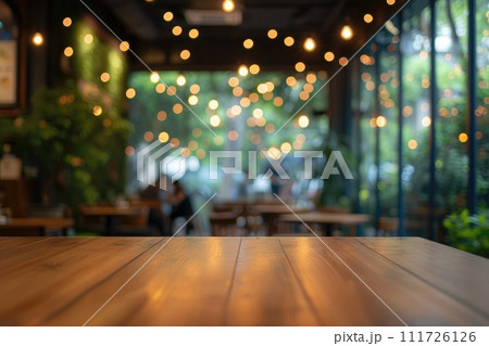 AI-generated content. Empty wooden table with bistro cafe blur background. Generative AI AI-generated content. Empty wooden table with bistro cafe blur background. Generative AI 111726126