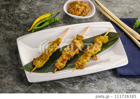 Thai meat skewer Satay with sauce Thai meat skewer Satay with sauce 111726385