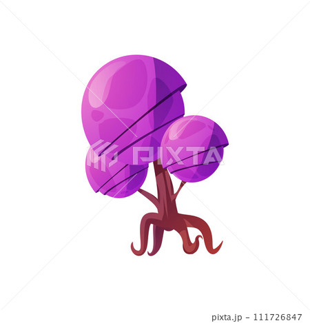 Cartoon fantasy purple tree on wooden trunk from alien world, isolated vector magic forest plant, fairytale game asset 111726847