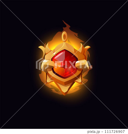 Burning golden amulet with red gemstone, cartoon vector jewelry badge with magic crystal in the flame of fire game award Burning golden amulet with red gemstone, cartoon vector jewelry badge with magic crystal in the flame of fire game award 111726907