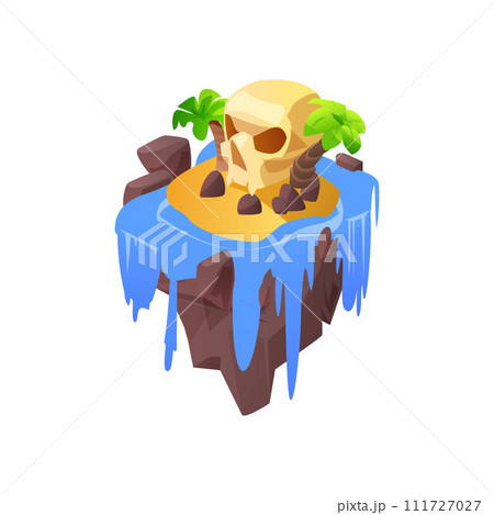 Island adventure game with sand dune, waterfall and skull cave. 3D vector illustration. Island adventure game with sand dune, waterfall and skull cave. 3D vector illustration. 111727027