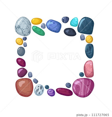 Frame from stacked colorful pebbles, glossy natural minerals marble textures or jewel gems board vector illustration 111727065