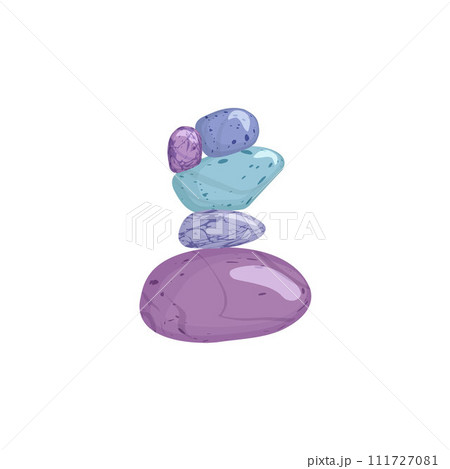 Stacked pebbles various colors, vector cartoon stone balance asymmetric pyramid, glossy minerals marble textures stack 111727081