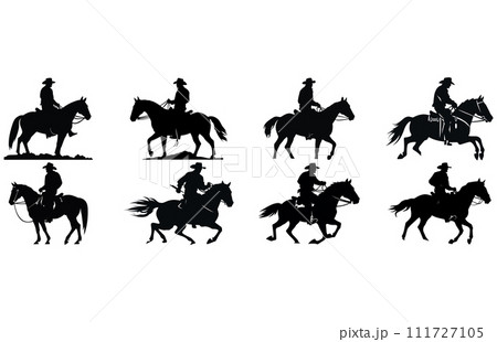 cowboy and horse running silhouettes , Cowboys ride horses, Riders on horseback 111727105