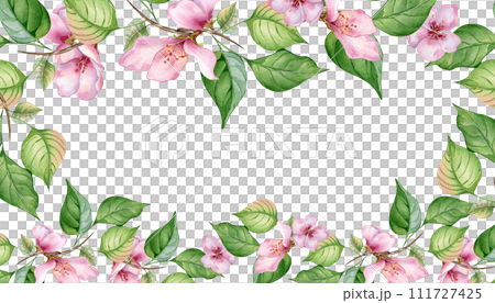 Watercolor frame with pink flowers and leaves isolated on white. Floral board with blossom fruit tree branch hand drawn. Element for wedding invitation, card, packaging, label product Watercolor frame with pink flowers and leaves isolated on white. Floral board with blossom fruit tree branch hand drawn. Element for wedding invitation, card, packaging, label product 111727425