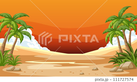 Tropical Sunset Oasis Vector Illustration 111727574