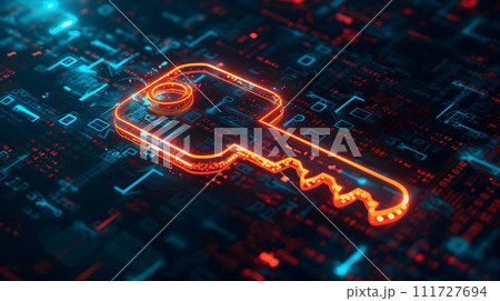 AI-generated content. orange holographic key icon on flat glowing futuristic circuit board background 111727694