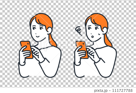 Simple vector illustration set material of a young woman operating a smartphone Simple vector illustration set material of a young woman operating a smartphone 111727788