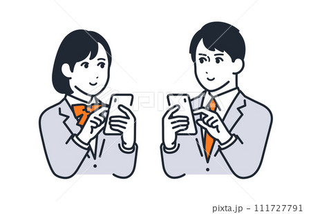 スマートフォンを操作する男女の学生のシンプルなベクターイラスト素材 111727791