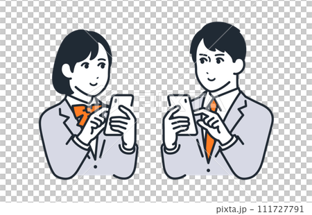 スマートフォンを操作する男女の学生のシンプルなベクターイラスト素材 111727791