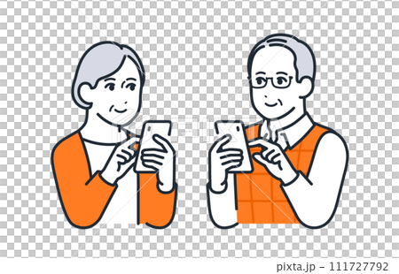 Simple vector illustration material of male and female seniors operating smartphones 111727792