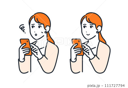 スマートフォンを操作する若いビジネスウーマンのシンプルなベクターイラストセット素材 スマートフォンを操作する若いビジネスウーマンのシンプルなベクターイラストセット素材 111727794