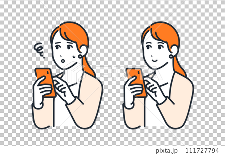 スマートフォンを操作する若いビジネスウーマンのシンプルなベクターイラストセット素材 スマートフォンを操作する若いビジネスウーマンのシンプルなベクターイラストセット素材 111727794