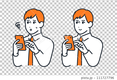 Simple vector illustration set material of a young businessman operating a smartphone 111727796