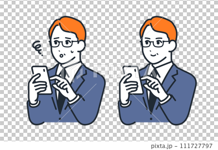 Simple vector illustration set material of a middle-aged male boss operating a smartphone 111727797