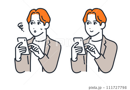 スマートフォンを操作する若いビジネスパーソンのシンプルなベクターイラストセット素材 111727798