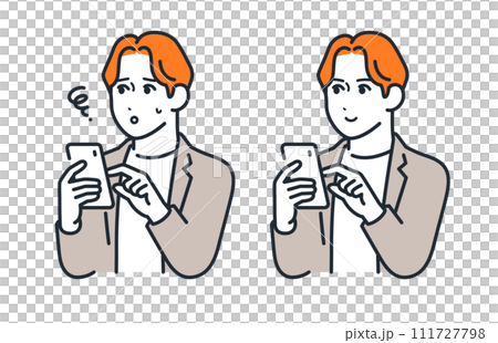 スマートフォンを操作する若いビジネスパーソンのシンプルなベクターイラストセット素材 111727798