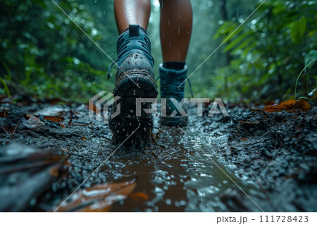 A man walking through mud in the middle of the jungle in rainy weather 111728423