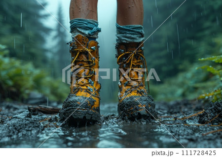 A man walking through mud in the middle of the jungle in rainy weather 111728425