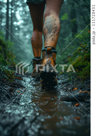 A man walking through mud in the middle of the jungle in rainy weather 111728431