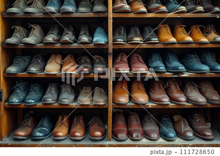 A wall with shoes inside the store. There are many different shoes on the shelves 111728650