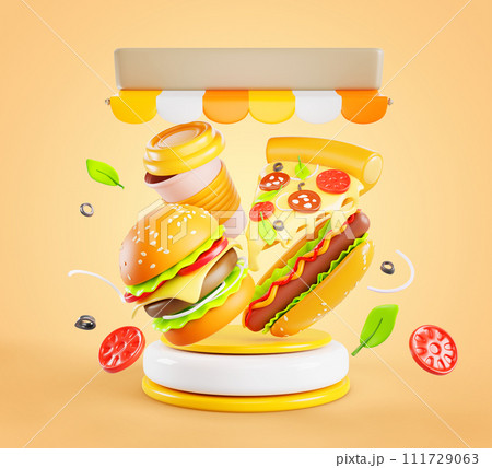 Fast food restaurant poster with podium, flying burger, hotdog, pizza, drink icons and striped canopy roof on orange 3d background. Fastfood render flyer, cartoon ad banner template. 3D illustration 111729063