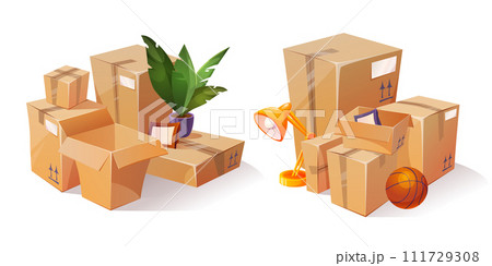Cardboard box piles with house stuff 111729308