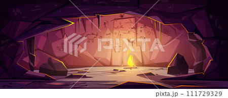 Prehistoric cave with bonfire and drawings on wall Prehistoric cave with bonfire and drawings on wall 111729329