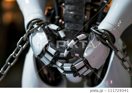 AI-generated content. robot hands shackled in chains for the concept of constraints and regulation of artificial intelligence 111729341