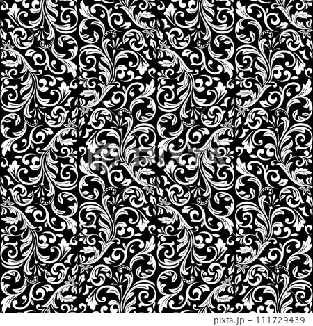 Flower pattern. Seamless white and black ornament. Graphic vector background. Ornament for fabric, wallpaper, packaging Flower pattern. Seamless white and black ornament. Graphic vector background. Ornament for fabric, wallpaper, packaging 111729439