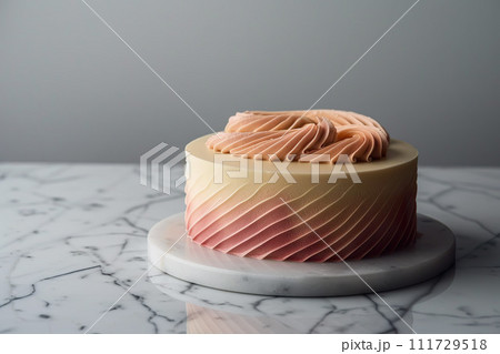 A beautifully smooth peach ombre design with elegant pleats and a piped rosette topping, displayed on a marble surface. Generative AI. 111729518