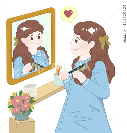 身だしなみを整える女の子　髪をとく　おしゃれ 111729524