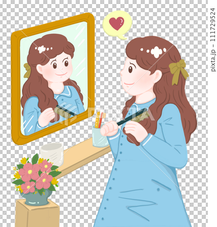 身だしなみを整える女の子　髪をとく　おしゃれ 111729524