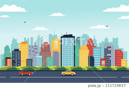 Highway Street in City with Skyscrapers Building in Bright Day Flat Design Illustration 111729657