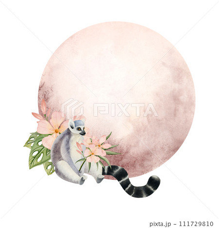 Funny lemur monkey with floral pink bouquet of oleander flowers card template. Hand drawn watercolor illustration round frame isolated on white background 111729810