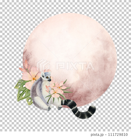 Funny lemur monkey with floral pink bouquet of oleander flowers card template. Hand drawn watercolor illustration round frame isolated on white background 111729810