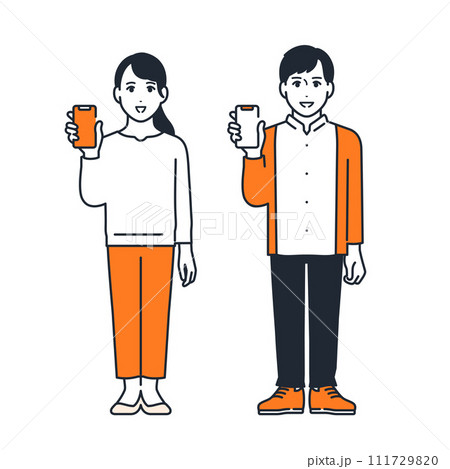 スマートフォンの画面を見せる若い男女のシンプルなベクターイラストセット素材 111729820
