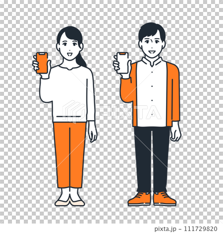スマートフォンの画面を見せる若い男女のシンプルなベクターイラストセット素材 111729820