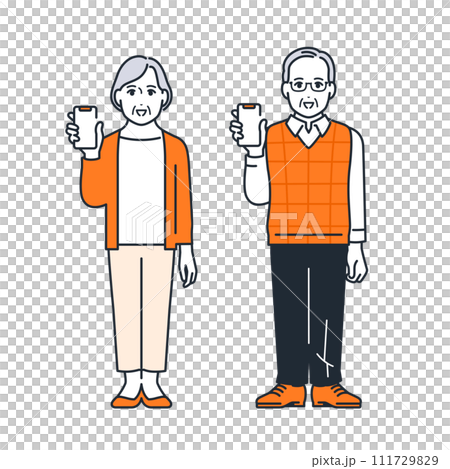 Simple vector illustration set material of a senior couple showing their smartphone screen 111729829
