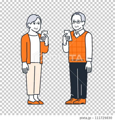Simple vector illustration set material of a senior couple with smartphones 111729830