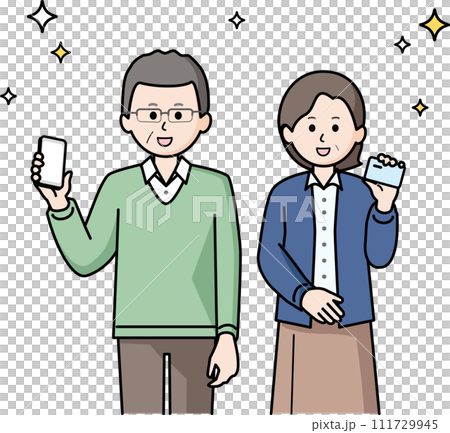 シニア割　スマホとカードを持つ夫婦 111729945