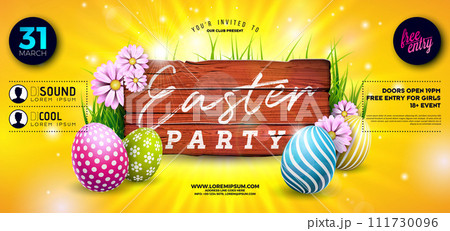Vector Easter Party Flyer Illustration with painted eggs, vintage wood board and flowers on nature yellow background. Spring holiday celebration poster design template for banner or invitation. 111730096