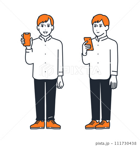 スマートフォンを持つ若い男性のシンプルなベクターイラストセット素材 111730438
