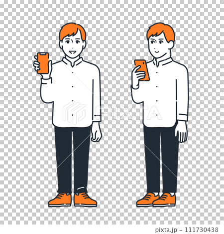 Simple vector illustration set material of a young man holding a smartphone 111730438