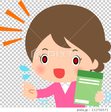 強引な勧誘をするリーフレットを持った女性 111730571