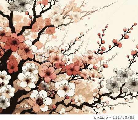 満開の桜の木のイラスト。春らしいイメージ。桜の木の枝にたくさんの花が咲いている。 満開の桜の木のイラスト。春らしいイメージ。桜の木の枝にたくさんの花が咲いている。 111730783